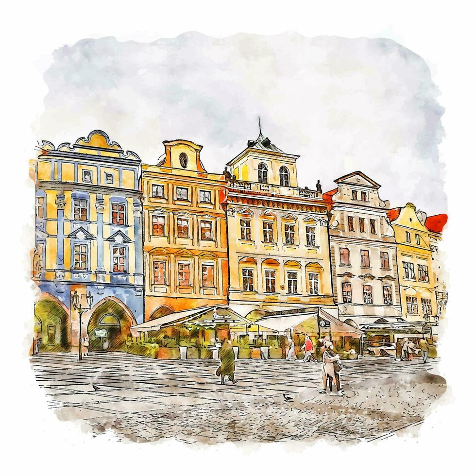 illustrazione disegnata a mano di schizzo dell'acquerello della repubblica ceca di praga vettore