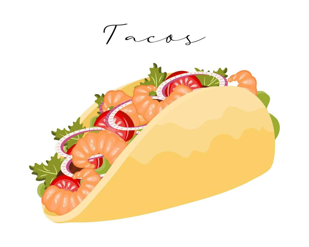 gamberetto e verdura tacos, latino americano cucina. nazionale cucina di Messico. cibo illustrazione, vettore