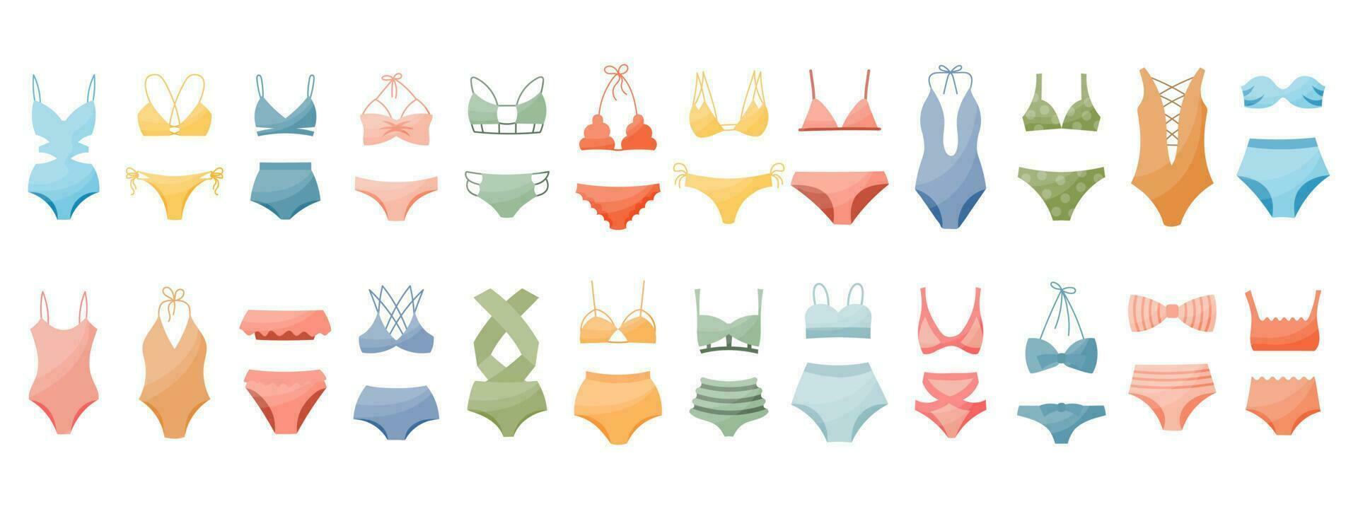 impostato di Da donna bikini costumi da bagno, costumi da bagno su un' bianca sfondo. Da donna capi di abbigliamento icone, vettore