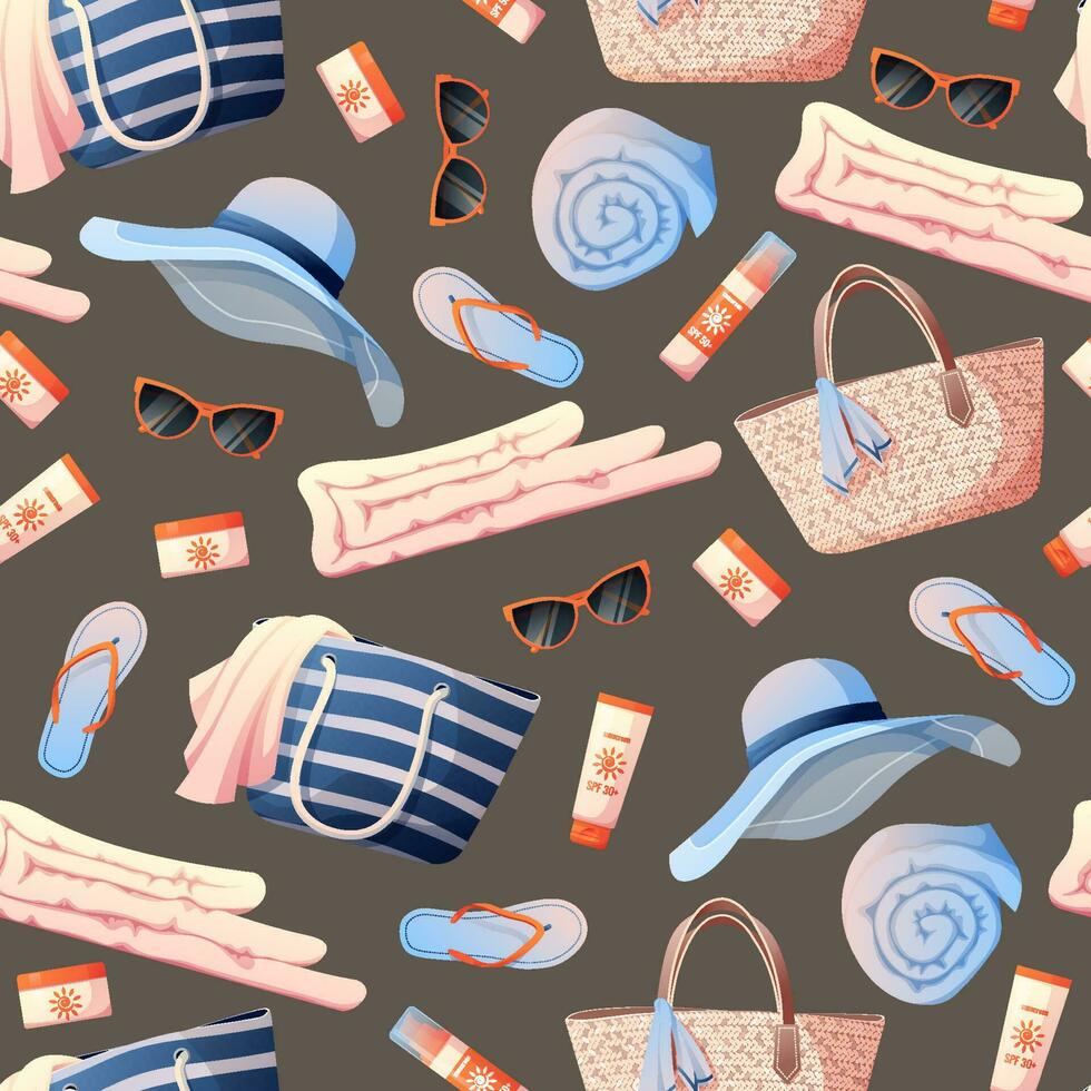 senza soluzione di continuità modello con spiaggia Accessori su un' blu sfondo. cannuccia Borsa, occhiali, cappello, asciugamano. adatto per, tessuto, sfondo. vettore