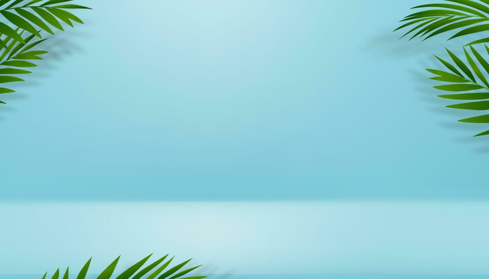3d studio camera Schermo con Noce di cocco palma foglia e ombra su blu parete sfondo, vuoto galleria camera con podio, vettore fondale sfondo modello per primavera estate cosmetici, prodotto presentare, pubblicizzare