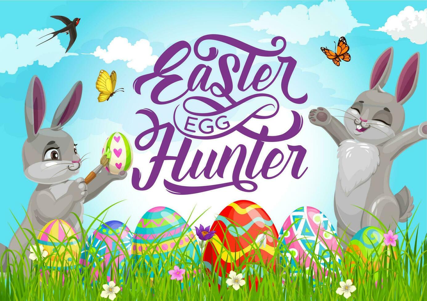 contento Pasqua vacanza uovo caccia con cartone animato coniglietti vettore