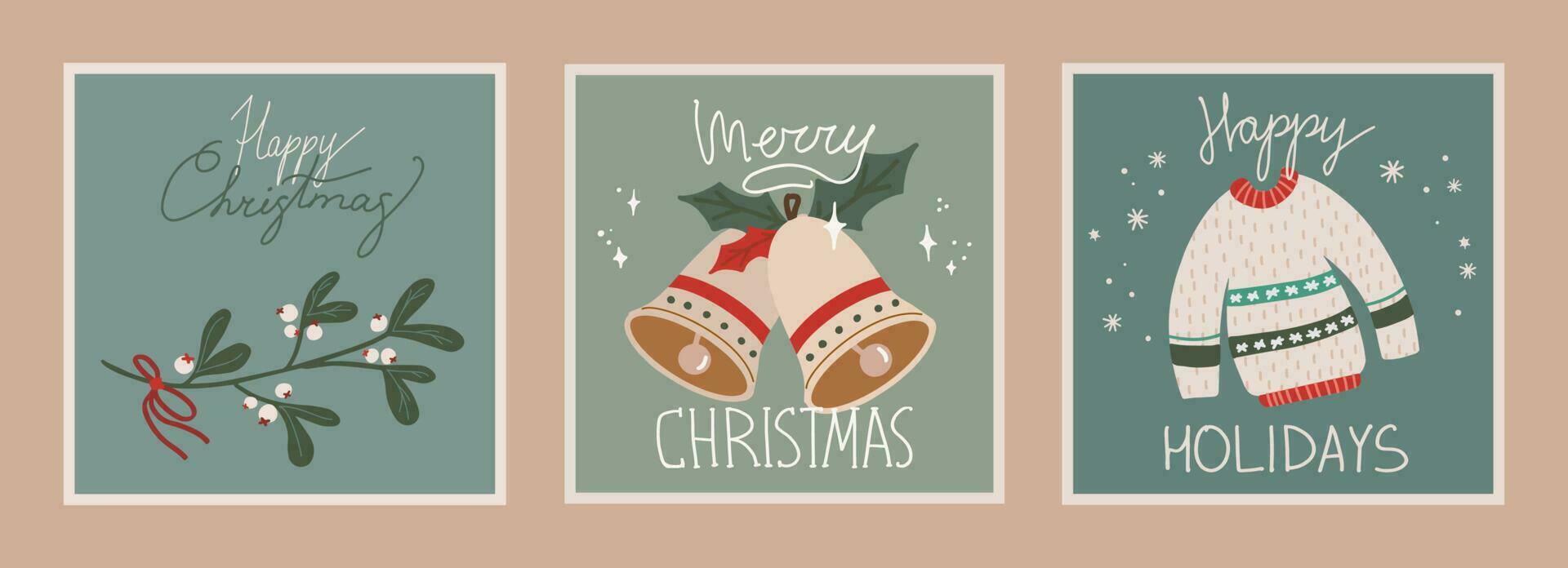 impostato di Natale e nuovo anno carte con mano disegnato illustrazioni di Natale simboli nel retrò stile vettore