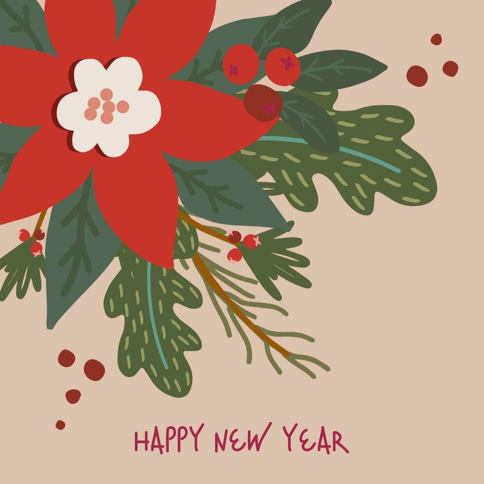 vettore Natale e nuovo anno carta poinsettia agrifoglio abete ramo nuovo anno simboli
