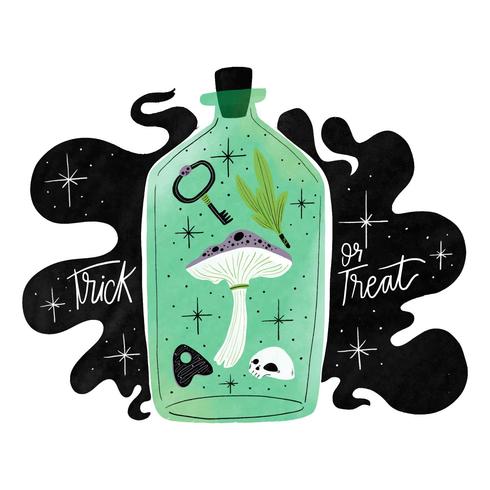 Mystic Green Bottle con elementi di Fungu, Skull And Witch vettore