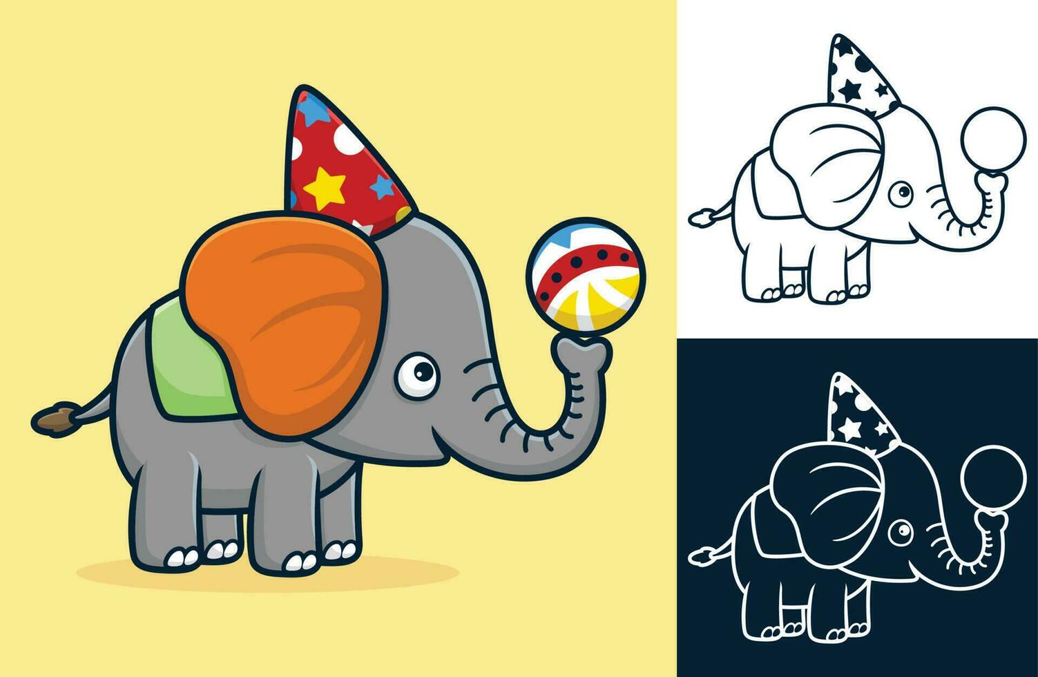 carino elefante indossare cono cappello giocando palla nel circo mostrare. vettore cartone animato illustrazione nel piatto icona stile