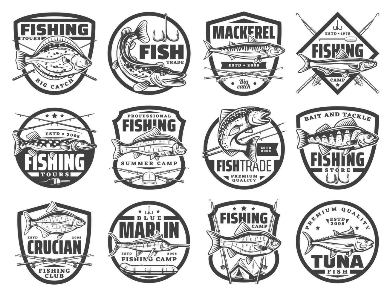 pesca sport icone, pescatore club, Pesci emblemi vettore