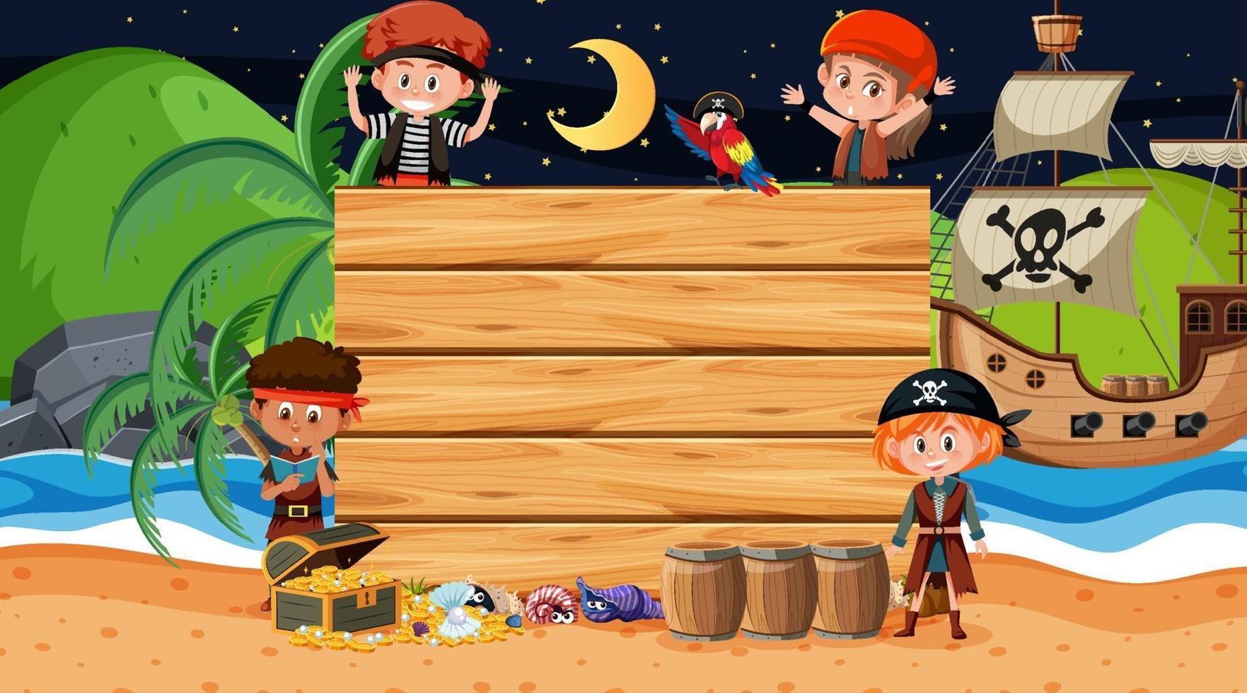 bambini pirata sulla scena notturna della spiaggia con un modello di banner in legno vuoto vettore