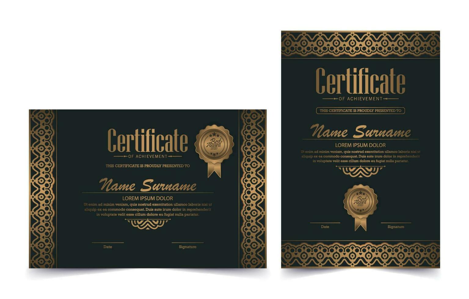 certificato di lusso nero e oro con cornice color oro vettore