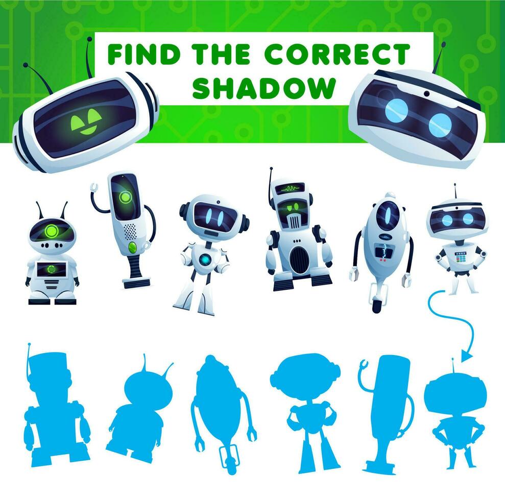 trova un' ombra bambini gioco con cartone animato robot compito vettore
