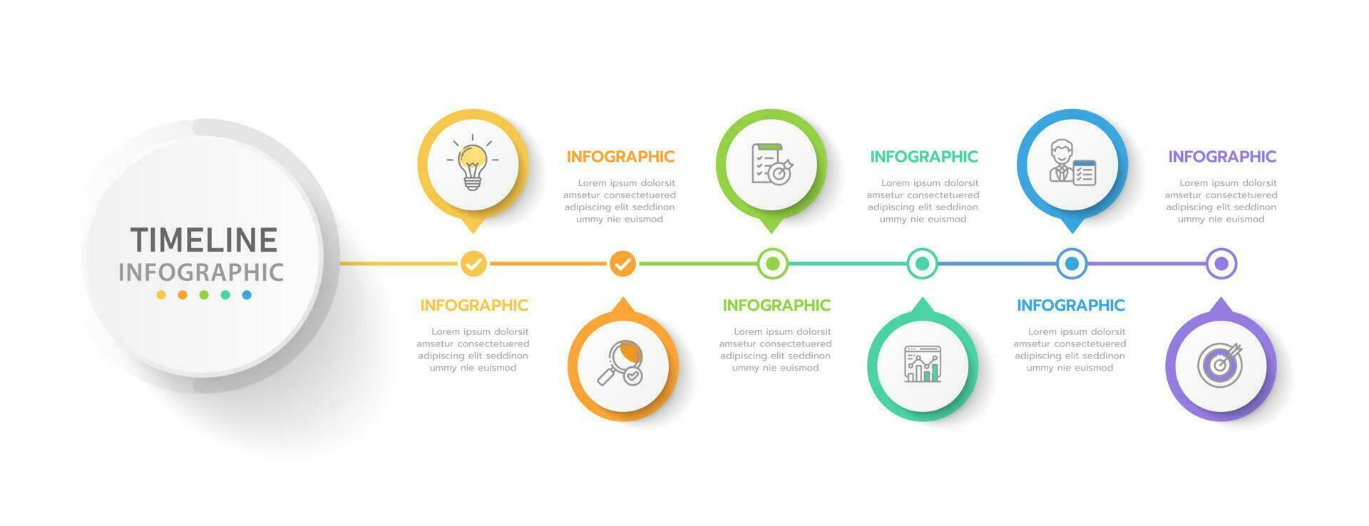 Infografica modello per attività commerciale. 6 passaggi moderno sequenza temporale diagramma tabella di marcia con cerchio argomento grafico, presentazione vettore infografica.