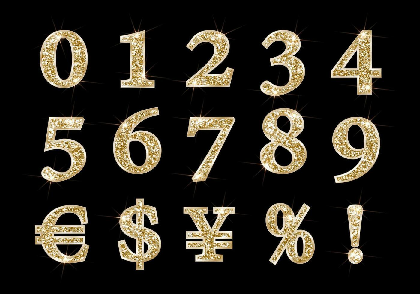 un' impostato di numeri e segni di valute nel oro, scintillante con luccichio e un' metallico ictus. vettore