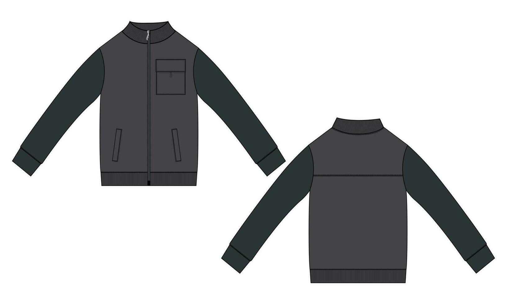 Due tono colore giacca felpa tecnico moda piatto schizzo vettore illustrazione modello davanti e indietro Visualizza. abbigliamento giacca piatto disegno vettore finto su isolato su bianca sfondo