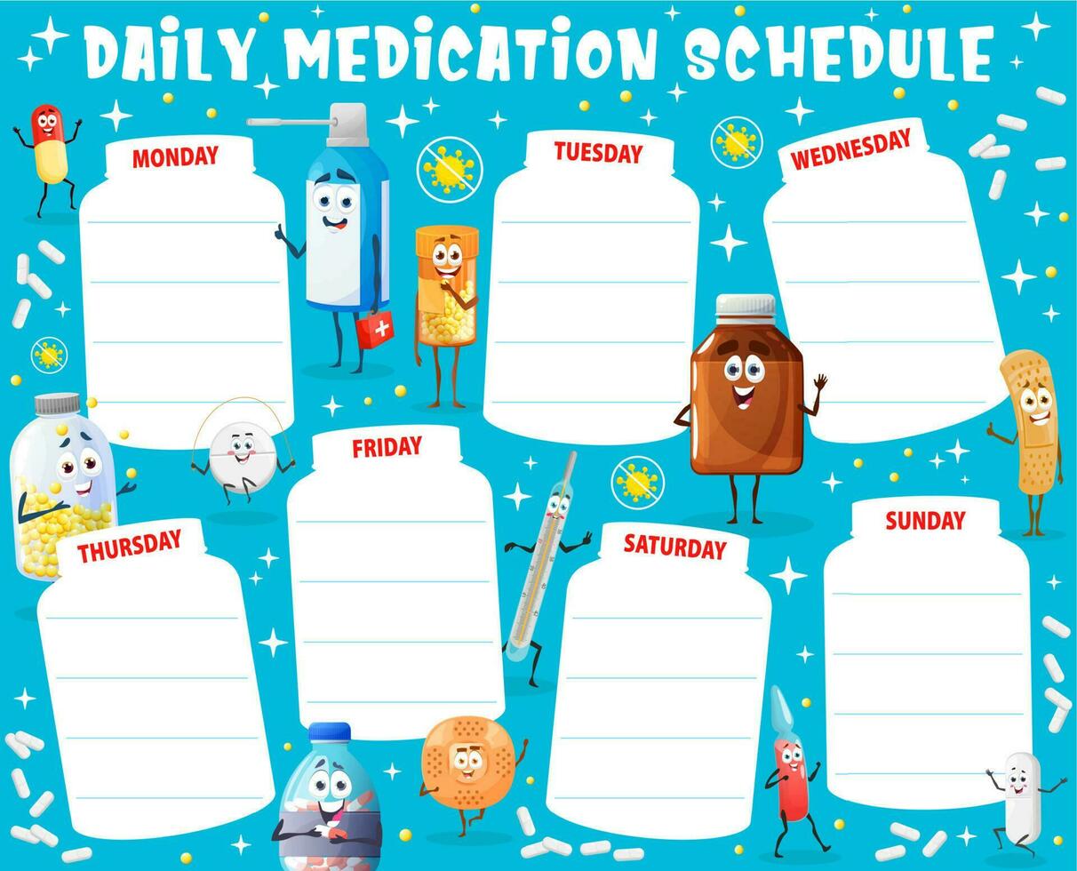 quotidiano medicazione programma foglio di lavoro, cartone animato pillole vettore