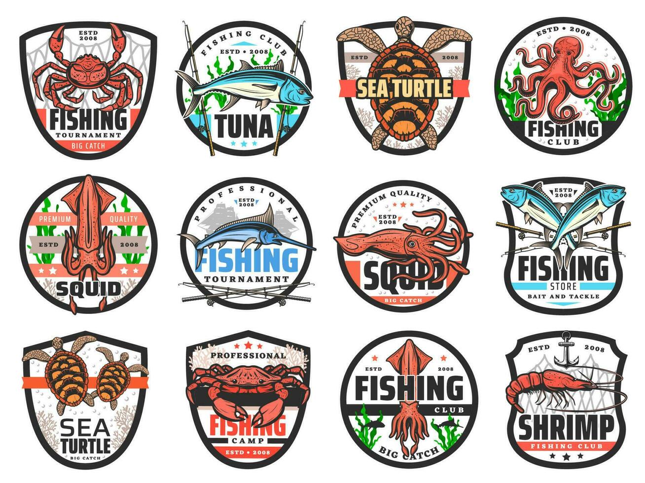 pesca sport badge con pesce, frutti di mare, affrontare vettore