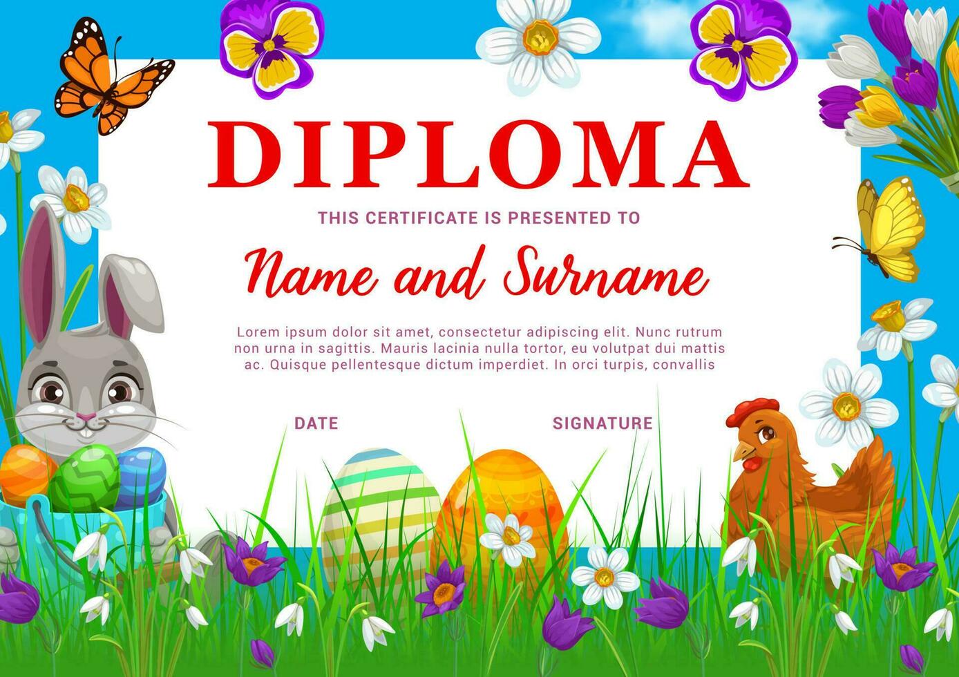 diploma o certificato con Pasqua uova e coniglietto vettore