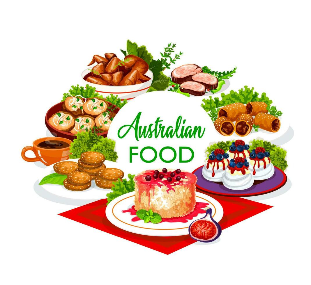 australiano cucina cibo, il pranzo, cena pasti menù vettore
