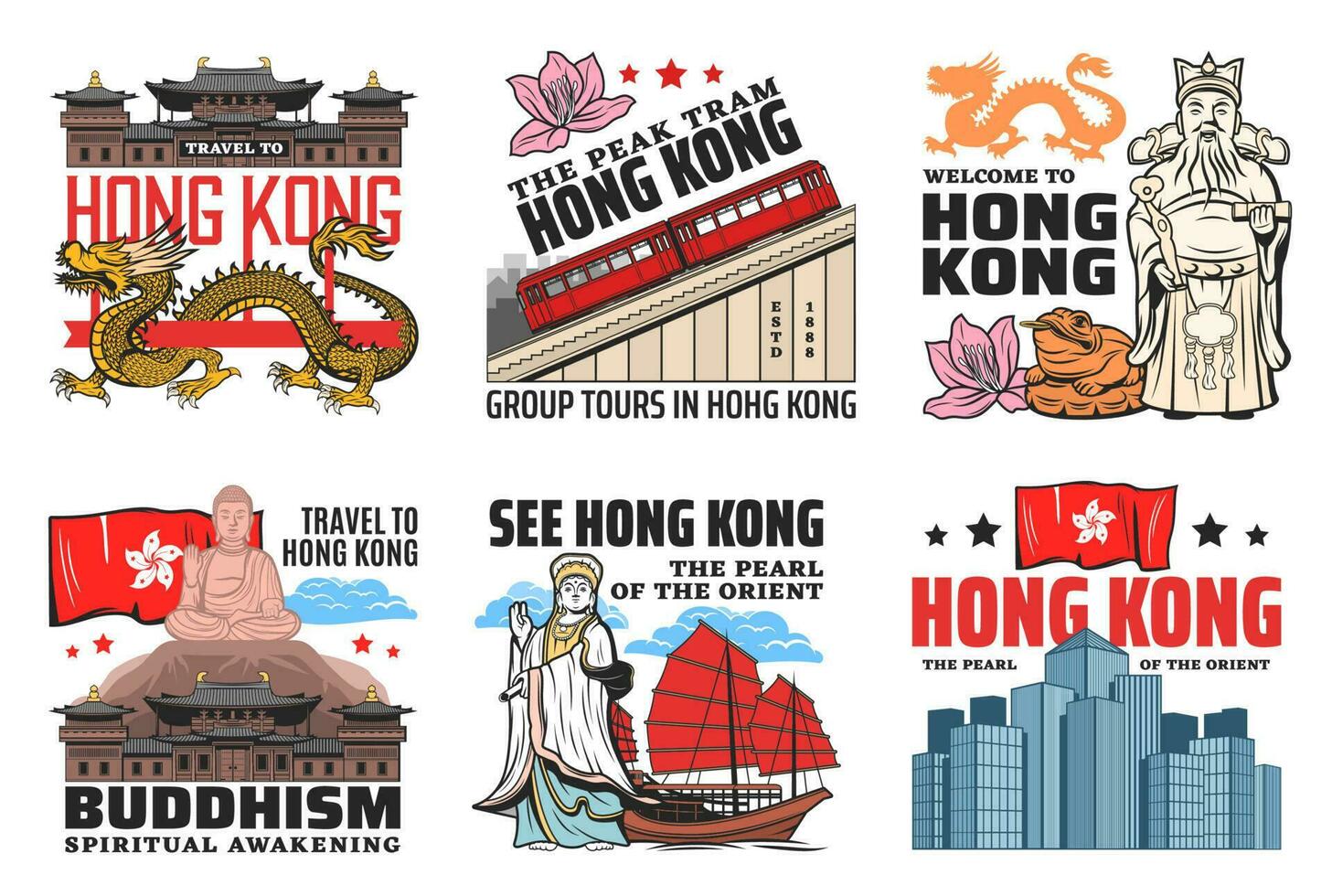 benvenuto per hong kong, viaggio e cultura icone vettore