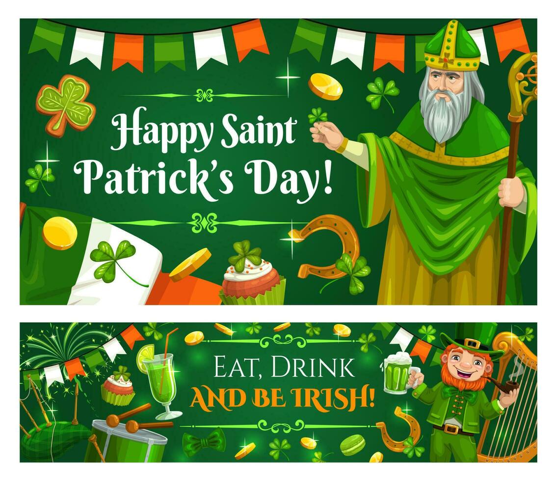 contento santo patrick giorno, irlandesi bandiera e trifoglio vettore