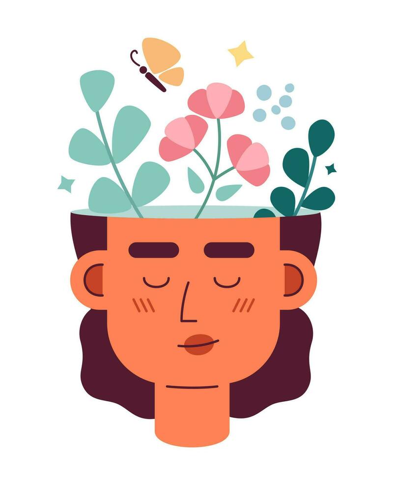 positivo mentalita piatto concetto vettore individuare illustrazione. donna con positivo pensiero testa 2d cartone animato personaggio su bianca per ragnatela ui design. meditazione. bene vibrazioni isolato modificabile creativo eroe Immagine