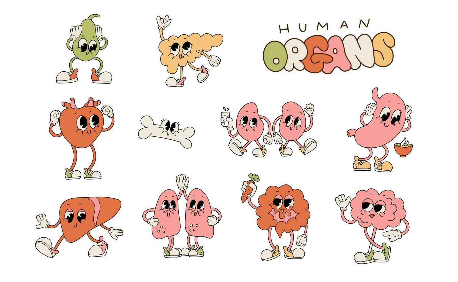 Anni '90 -'00 retrò cartone animato carino organo personaggi impostare. contento salutare umano organi, divertente rene, polmoni e cervello, stomaco con facce, braccia e gambe. anatomia collezione vettore illustrazione.