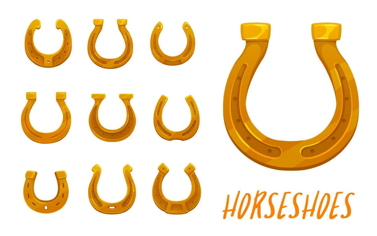 cartone animato d'oro vettore ferri di cavallo, bene fortuna icone
