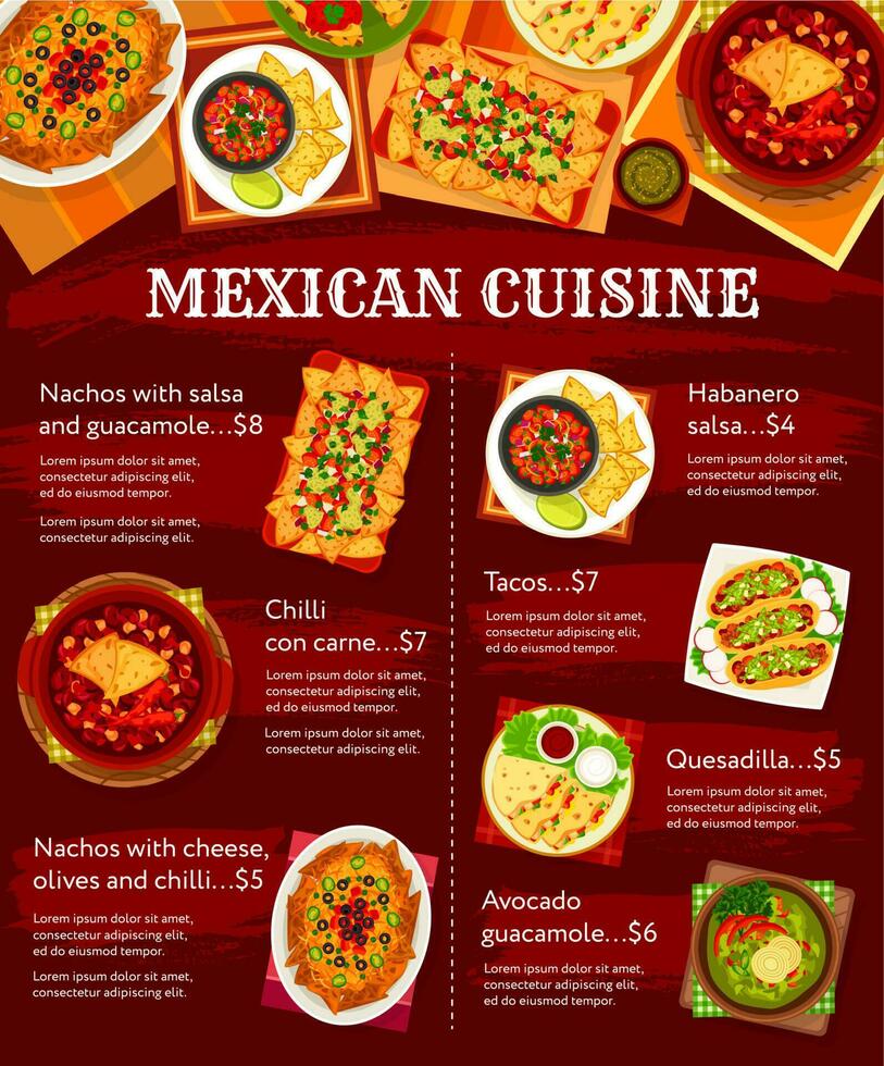 messicano cucina piatti menù, Messico cibo pasti vettore