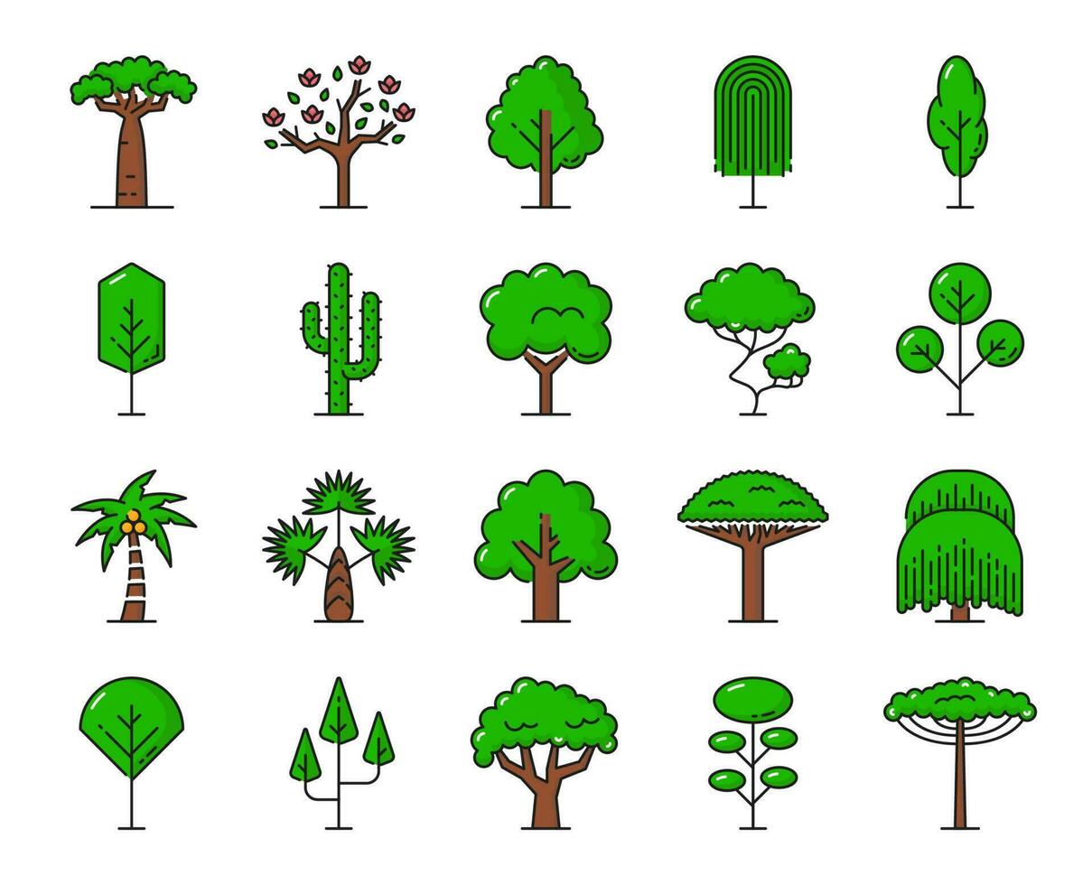 verde tropicale alberi icone, spiaggia o giungla foresta vettore