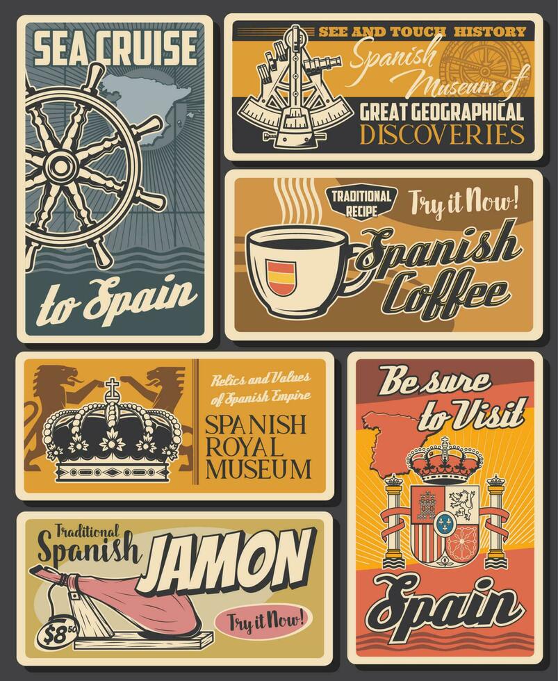 spagnolo cucina cibo, caffè bevanda e mare viaggio vettore