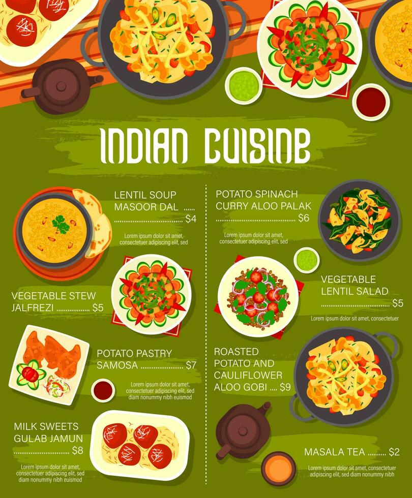 indiano cucina vettore menù, Spezia verdura cibo