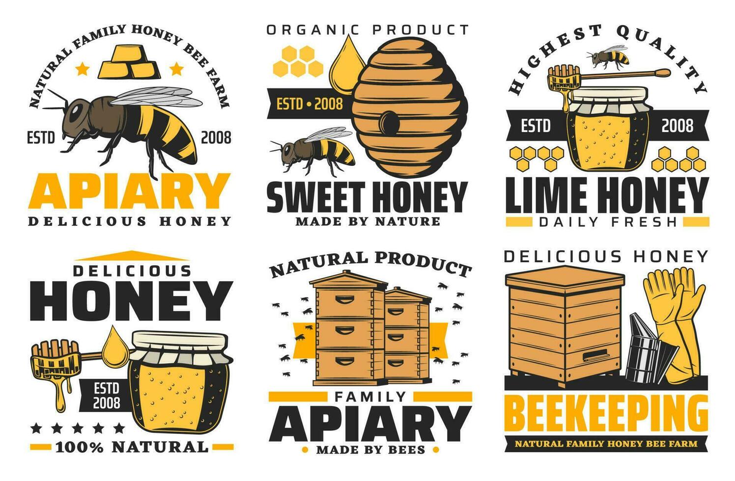 apiario, miele e apicoltura azienda agricola icone vettore
