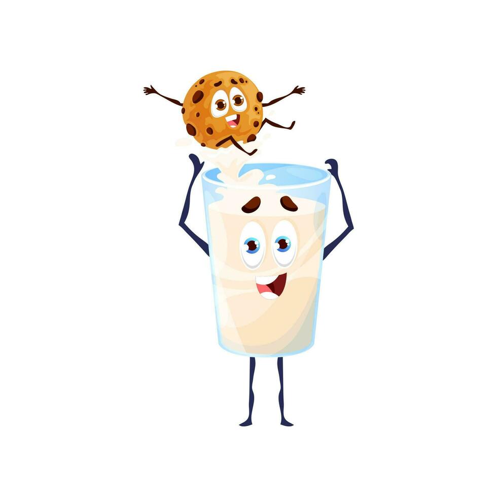 bicchiere di latte e biscotto cartone animato personaggi divertimento vettore