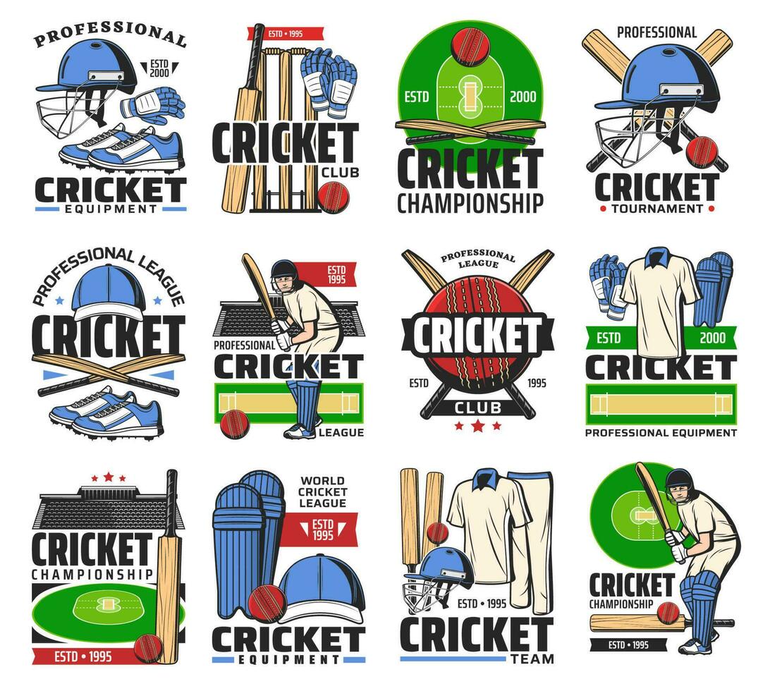 cricket sport sfera, pipistrello, giocatore e stadio icone vettore