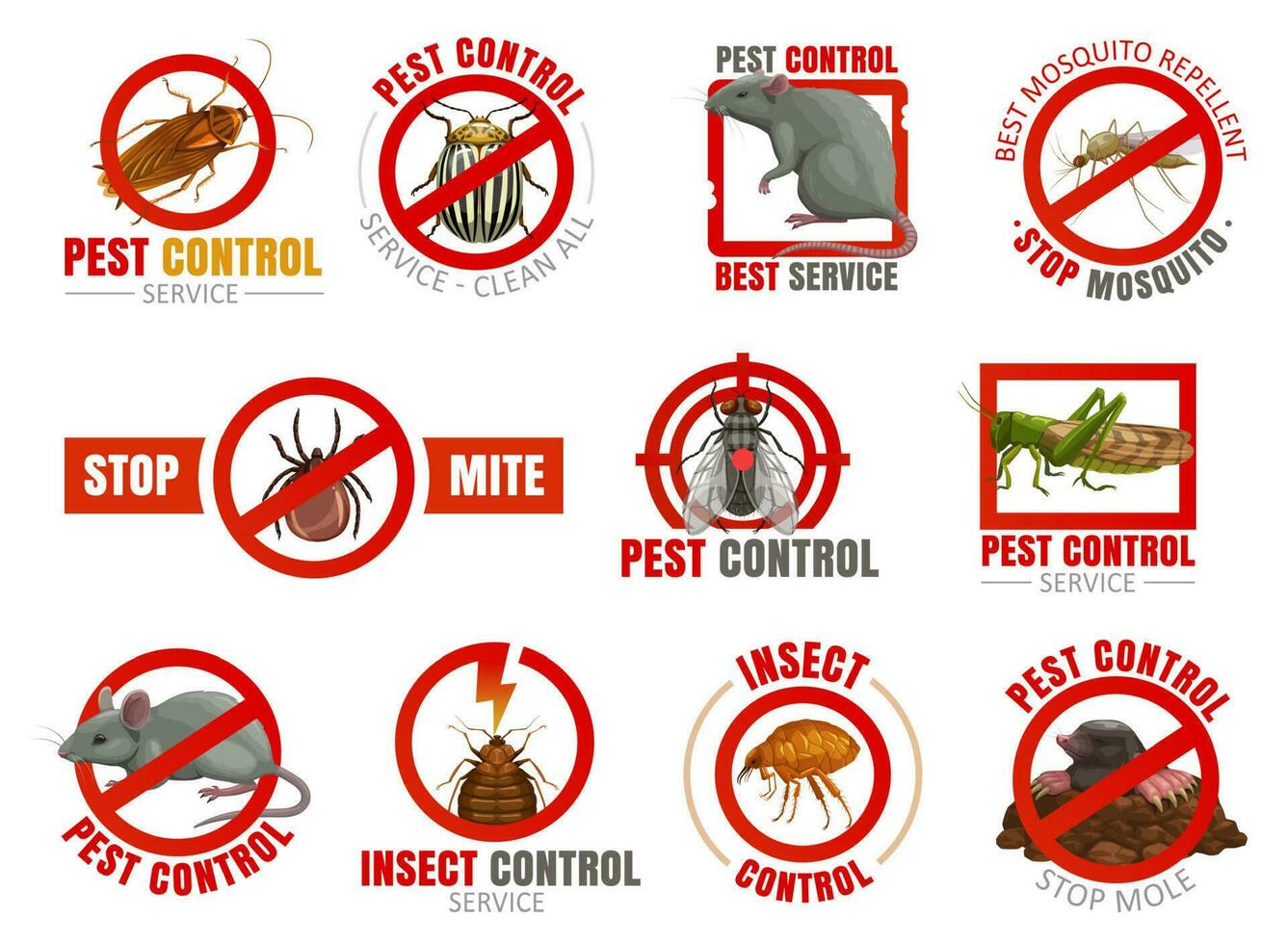 peste controllo icone con insetti e animali vettore