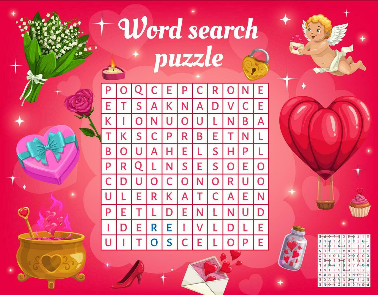 parola ricerca puzzle gioco foglio di lavoro, San Valentino Cupido vettore