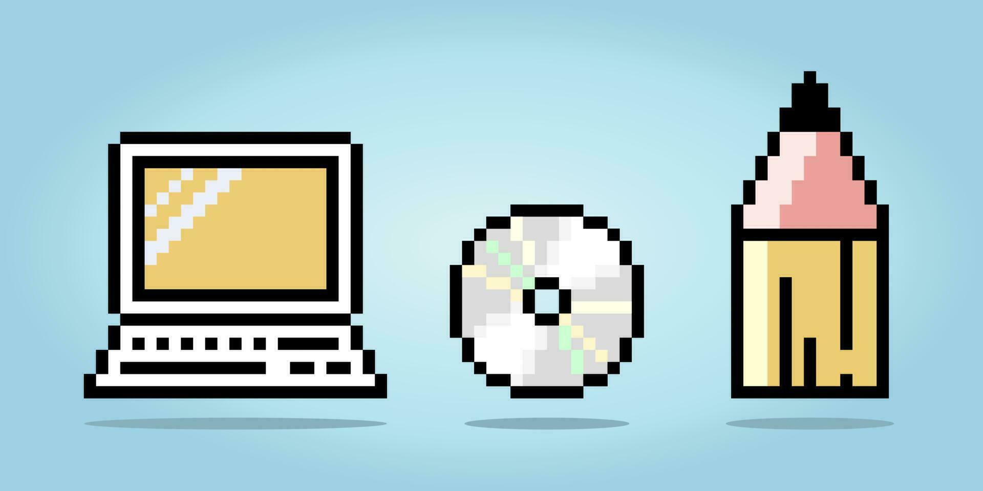 8 po moderno hardware tecnologia, taccuino, cassetta disco, e matita. icona pixel per gioco risorse e ragnatela icone nel vettore illustrazioni.