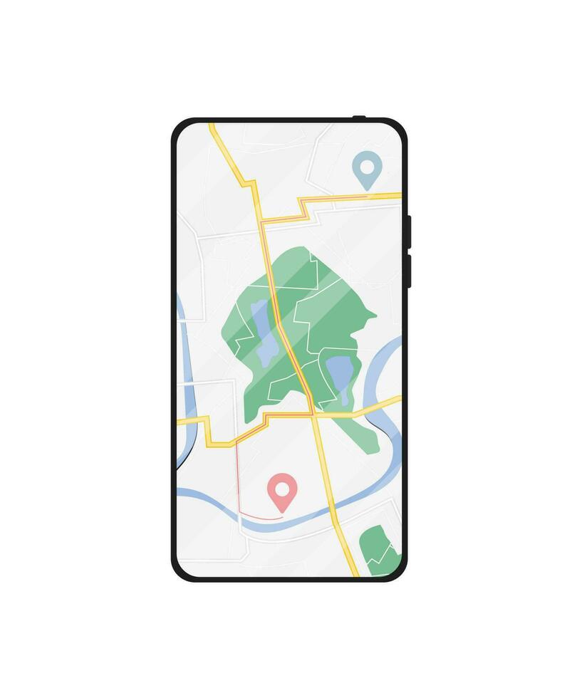 mobile Telefono con digitale GPS navigazione. carta geografica con punto. mobile GPS navigazione App su toccare schermo smartphone per siti web, striscioni. vettore
