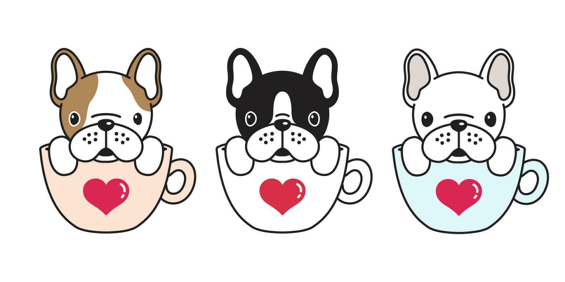 cane vettore francese bulldog cuore San Valentino cartone animato illustrazione cane osso caffè tazza