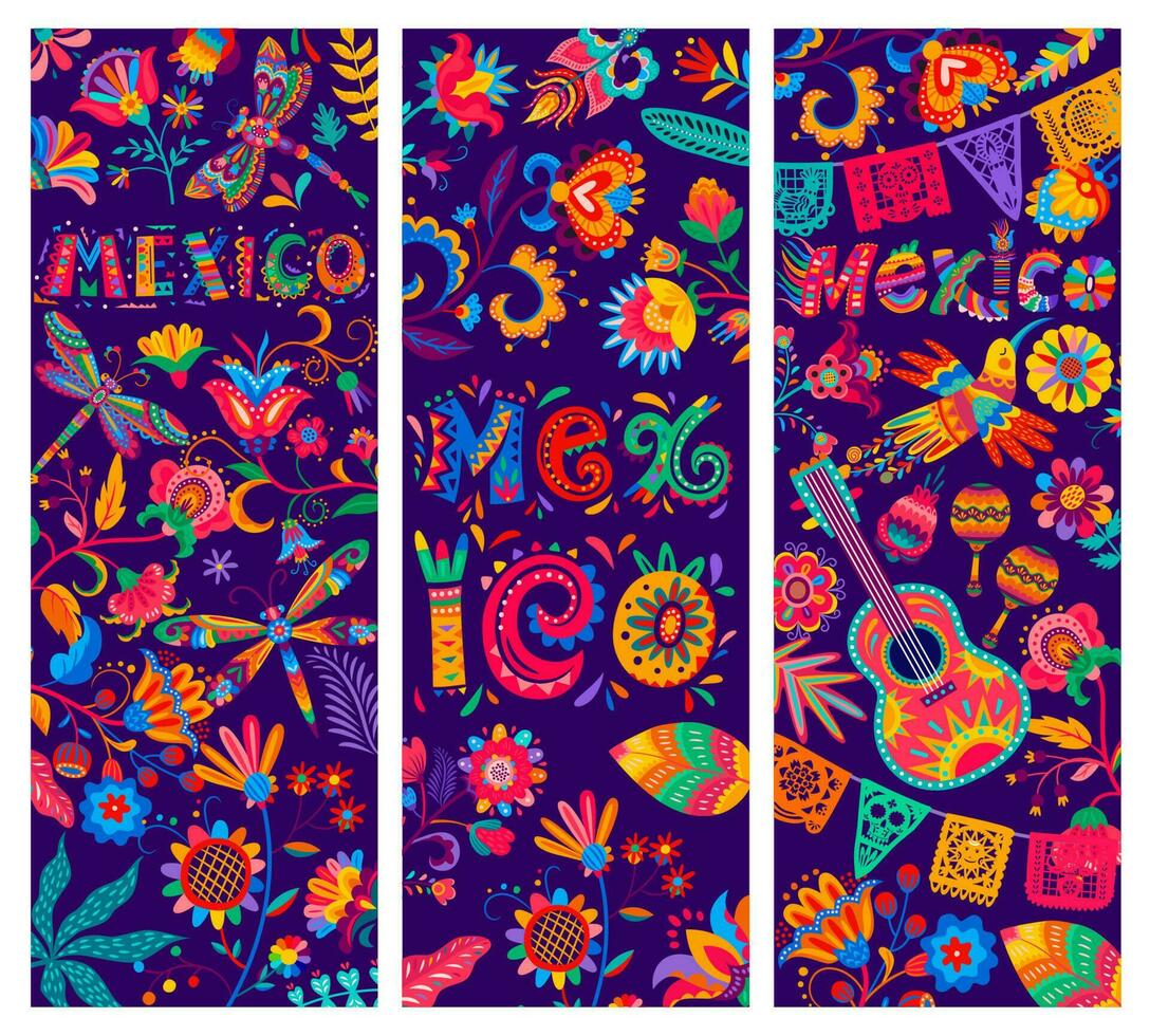 cartone animato messicano striscioni, fiore, colibrì, bandiera vettore
