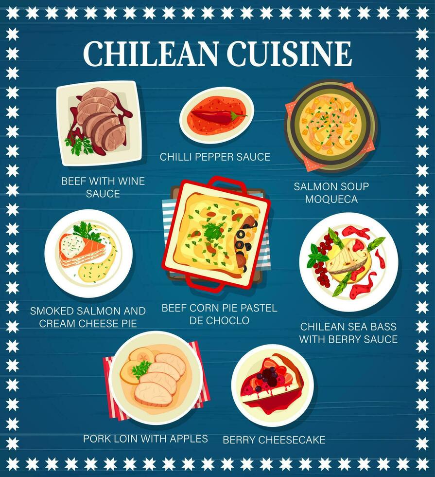 cileno cibo menù, chile cucina piatti e pasti vettore