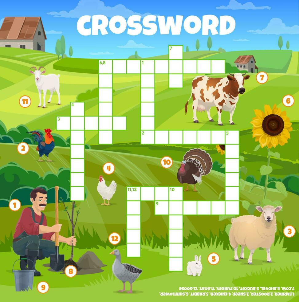 cruciverba puzzle gioco foglio di lavoro con azienda agricola animali vettore