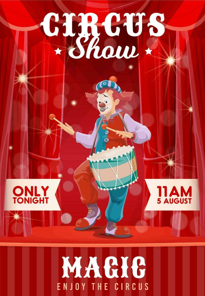 shapito circo manifesto con cartone animato batterista clown vettore