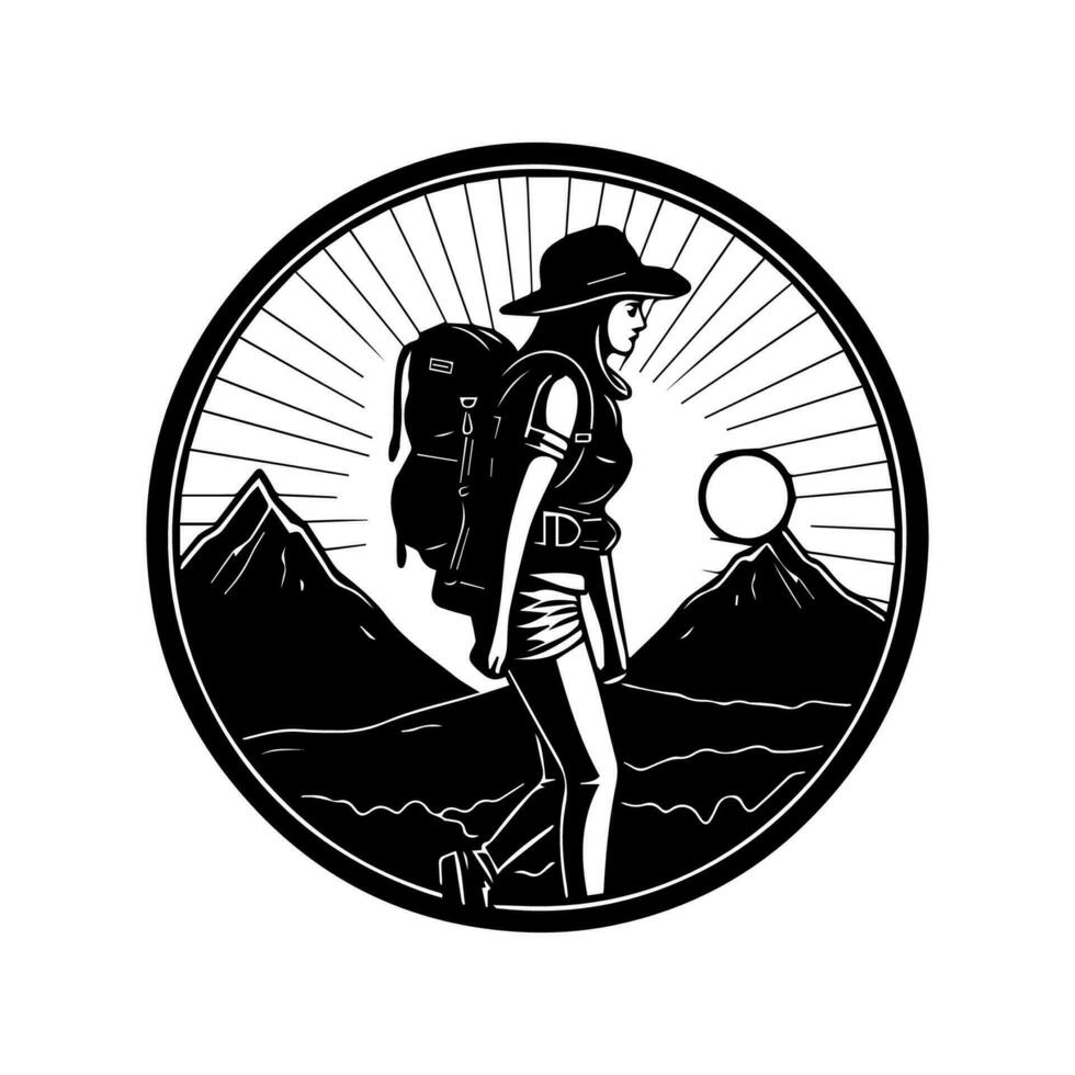 escursioni a piedi logo design con un' montagna picco e il trekking poli. Perfetto per avventura e all'aperto Marche vettore
