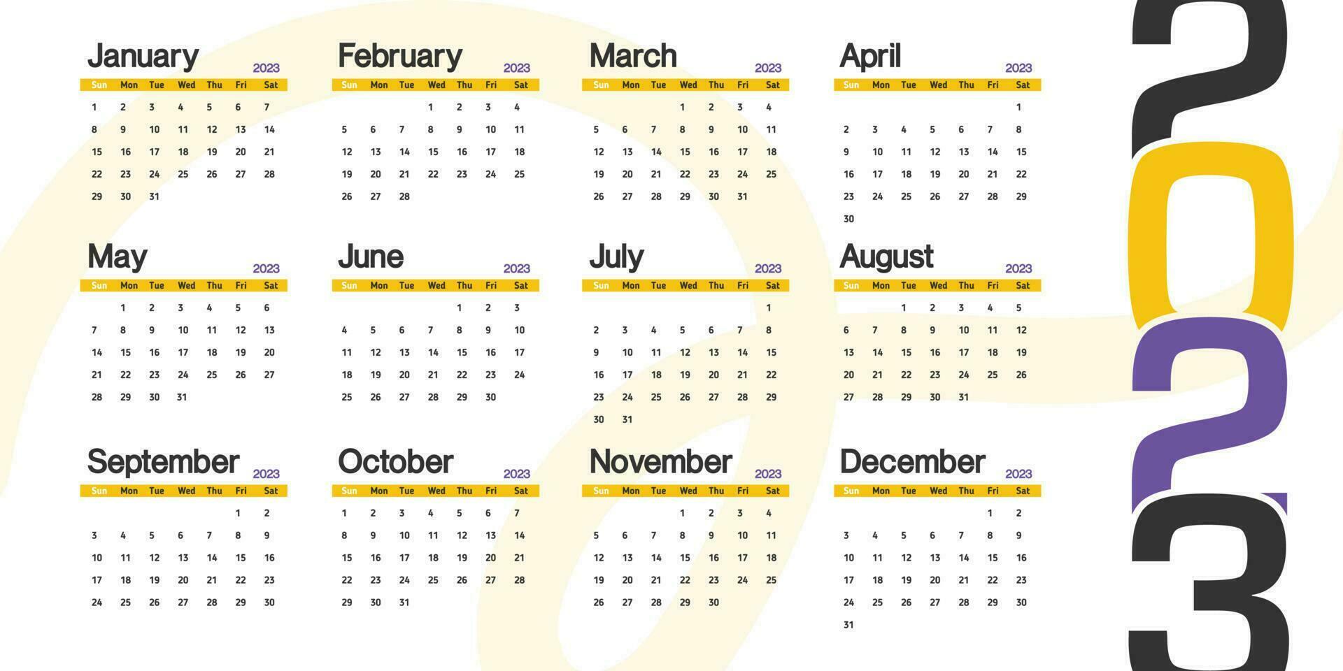 2023 calendario minimalista Guarda, settimana inizio a partire dal Domenica classico vettore