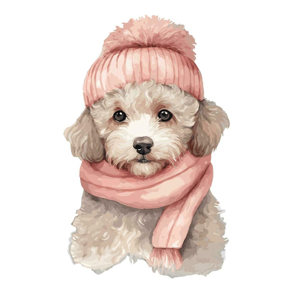 acquerello barboncino cucciolo con rosa cotone cappello, e sciarpa vettore