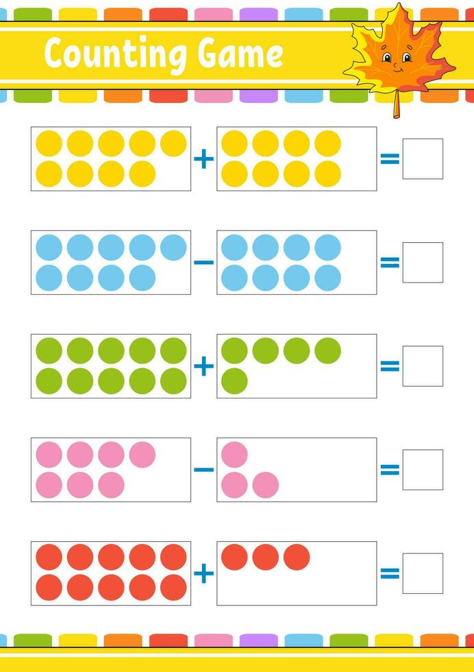 aggiunta e sottrazione. compito per bambini. formazione scolastica sviluppando foglio di lavoro. attività colore pagina. gioco per bambini. divertente carattere. cartone animato stile. vettore illustrazione.