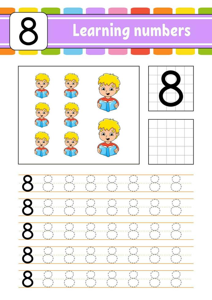 tracciare e Scrivi numeri. grafia la pratica. apprendimento numeri per bambini. formazione scolastica sviluppando foglio di lavoro. attività pagina. vettore illustrazione.