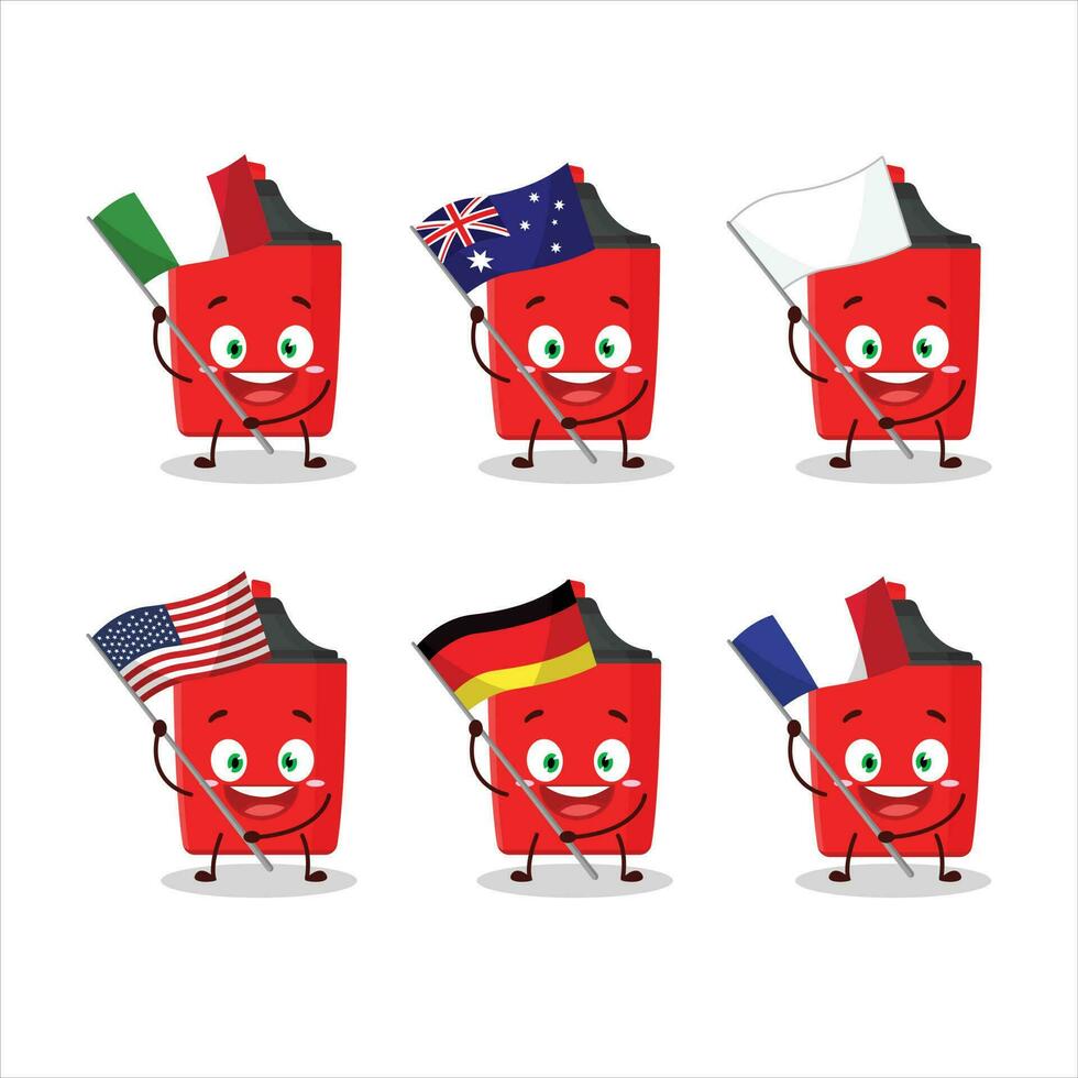 rosso evidenziatore cartone animato personaggio portare il bandiere di vario paesi vettore