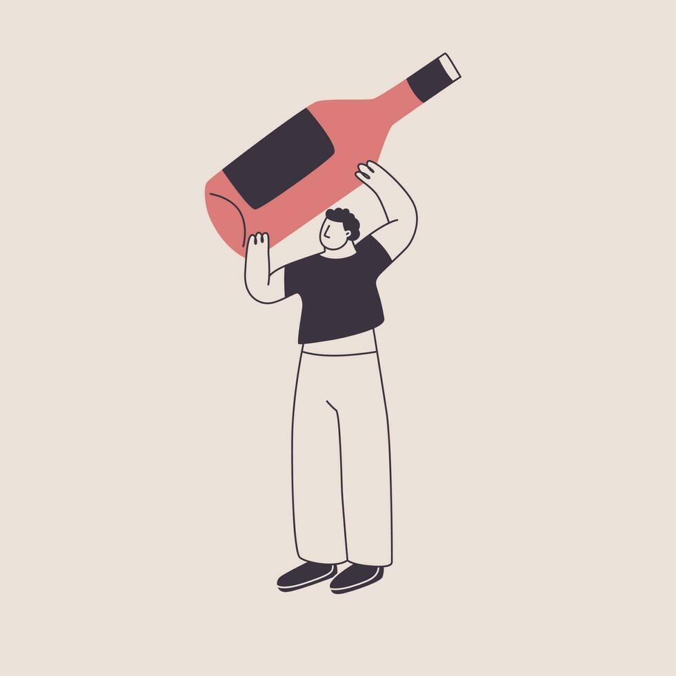 un' uomo detiene un' gigante bottiglia di vino al di sopra di il suo testa. carino personaggio nel di moda stile. vettore isolato illustrazione per il design di un' vino tema.