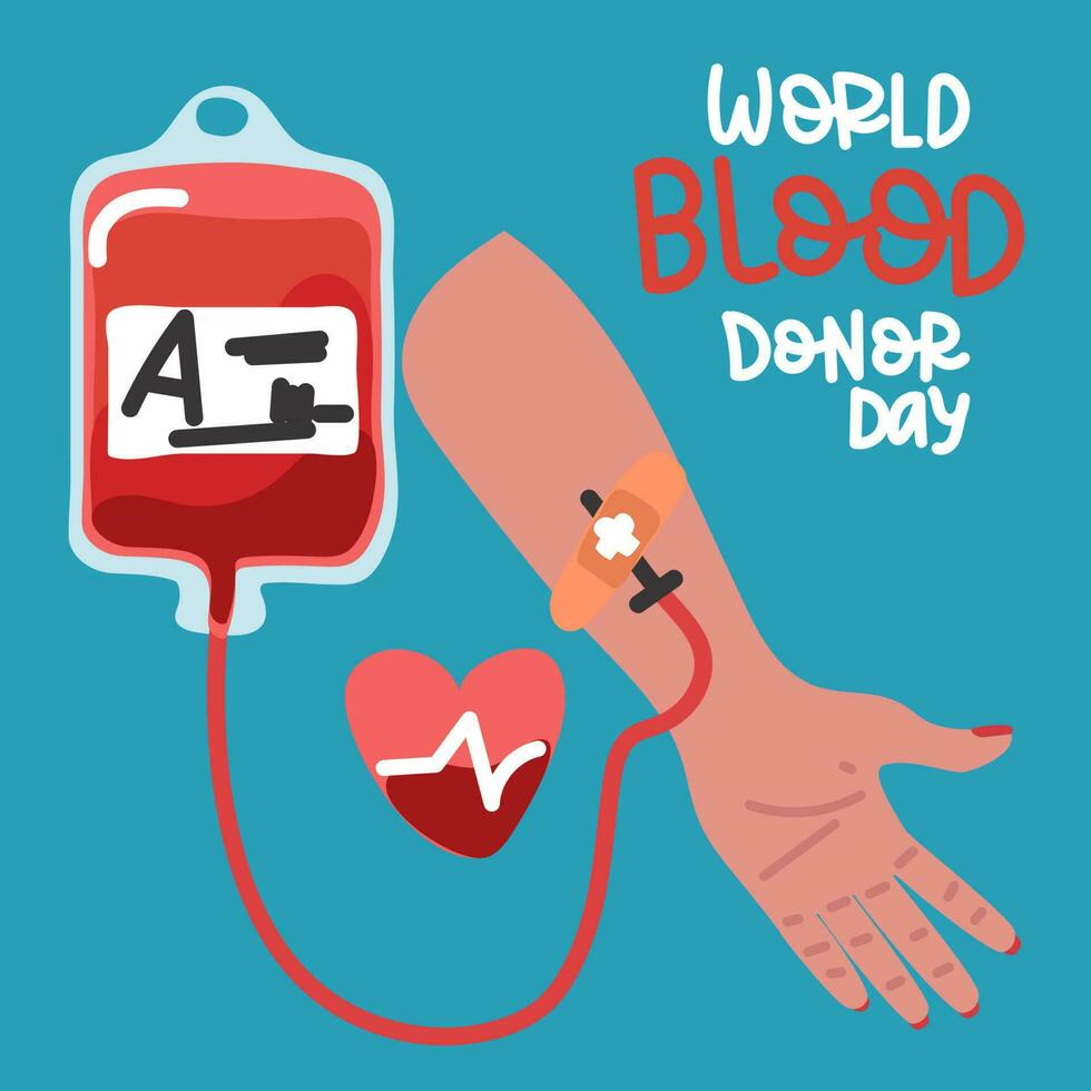 manifesto di il mondo sangue donatore giorno, un' persona dona sangue, un' sangue Borsa. un' pacchetto pieno di sangue, trasfusione e Riempimento il cuore con vita. donazione. un' chiamata per Aiuto persone nel bisogno. Salvataggio un' vita vettore